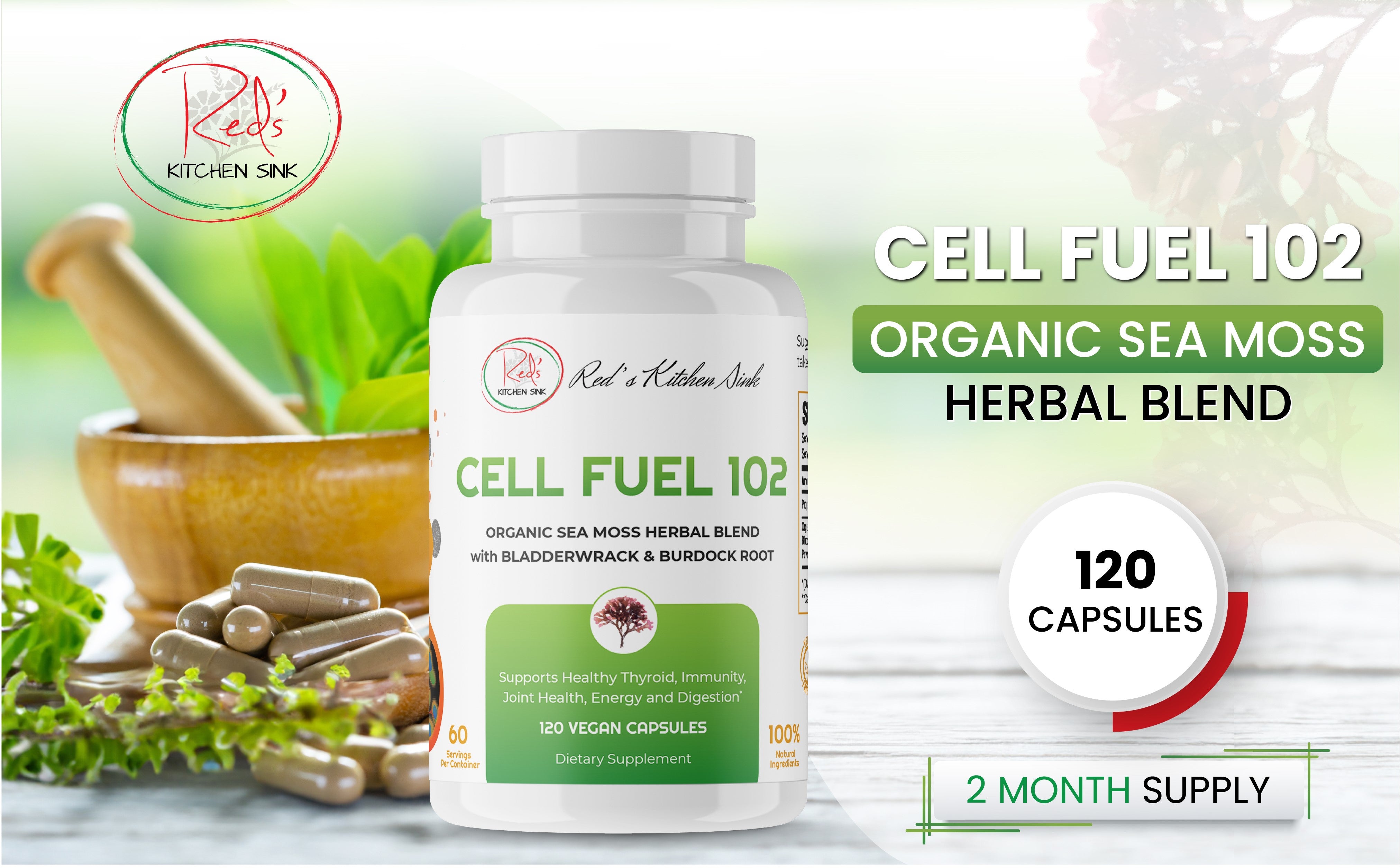 Cell Fuel 102 Capsules : Organic Irish Moss, Bladderwrack & Burdock Root - Red's Kitchen Sink