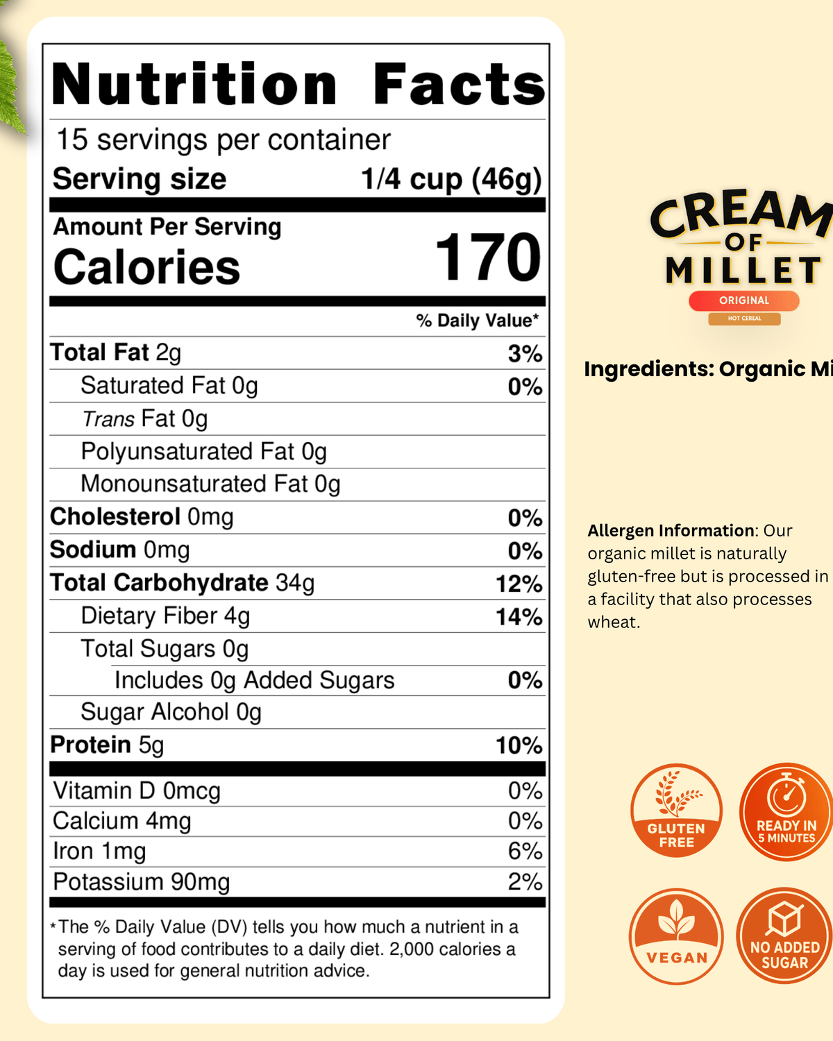 Cream of Millet Hot Cereal | 100% Organic Millet | Gluten-Free | Ready in 5 Minutes - Red's Kitchen Sink