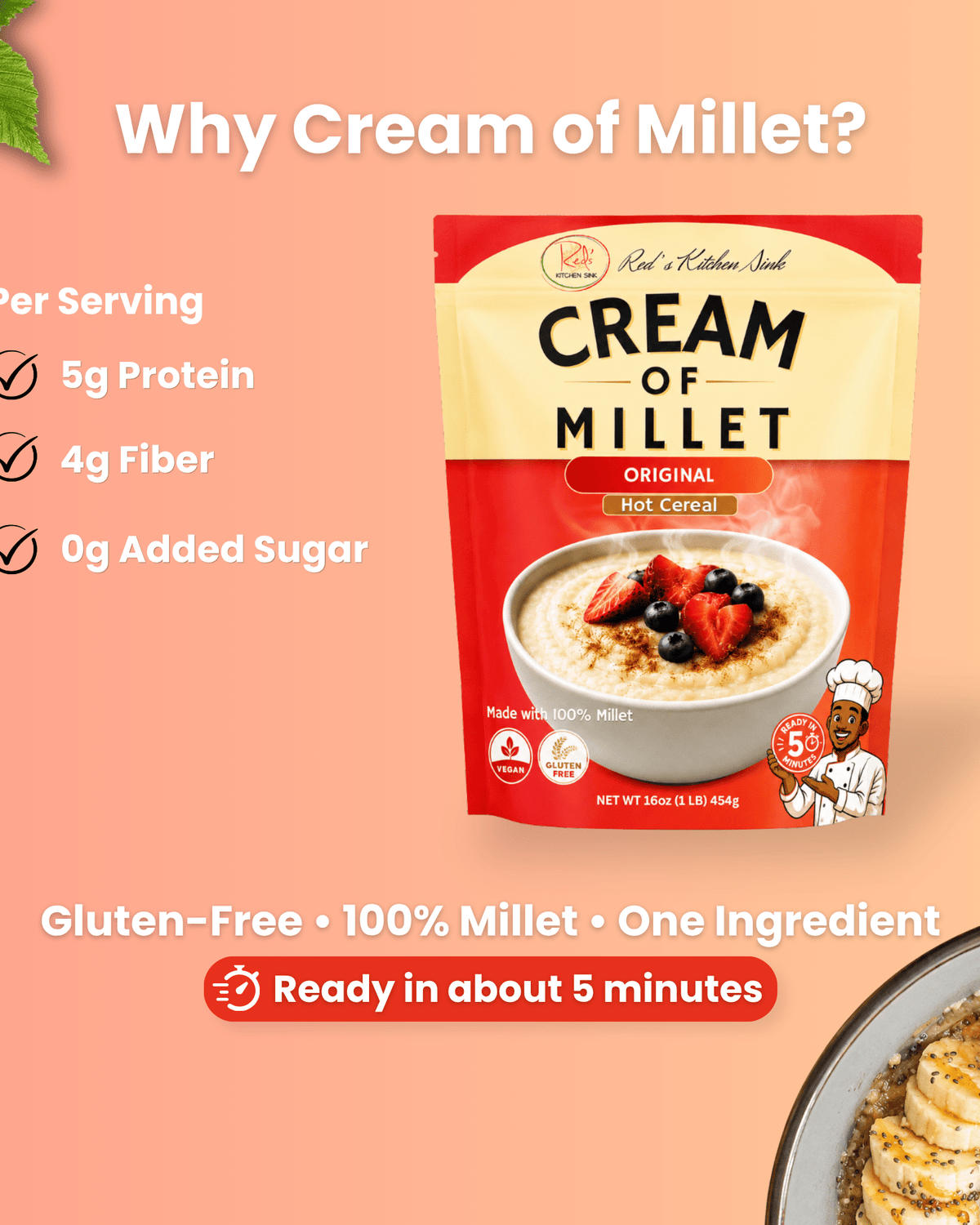 Cream of Millet Hot Cereal | 100% Millet | Gluten-Free | Ready in 5 Minutes - Red's Kitchen Sink