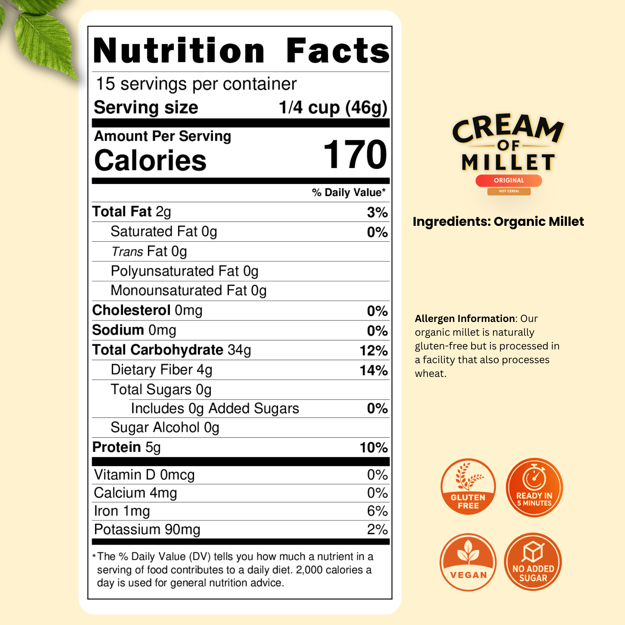 Cream of Millet Hot Cereal | 100% Organic Millet | Gluten-Free | Ready in 5 Minutes - Red's Kitchen Sink