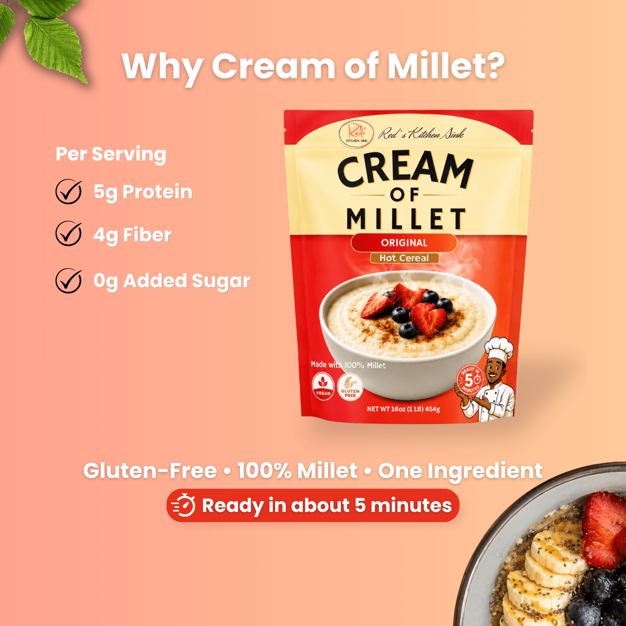 Cream of Millet Hot Cereal | 100% Millet | Gluten-Free | Ready in 5 Minutes - Red's Kitchen Sink